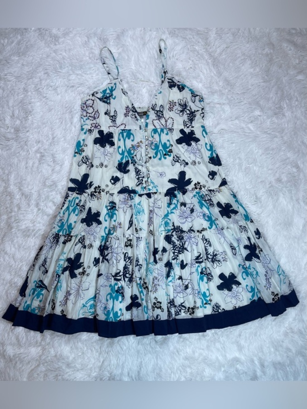 CHAUDRY KC White Floral Tiered Casual Sundress with Teal and Navy Accents NWT